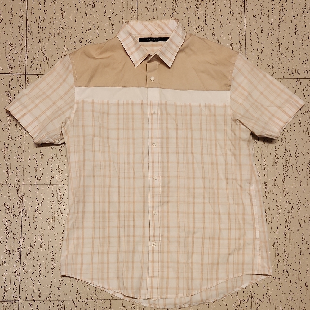 Sean John Tan & White Flannel Button Down Short Sleeve Dress Shirt Vintage Y2K
